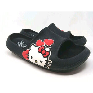 Hello Kitty Black Slide Sandals Heart Graphic Women’s Size 6 Slip-On Slides